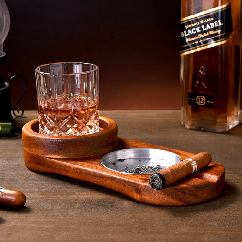 2 In 1 Wooden Ashtray Rustic Wood Whiskey Glass Cup Tray And Cigar Holder Rest Ashtray Home Office Decoration Ornaments